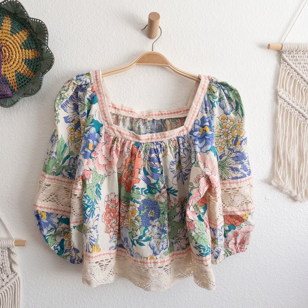 Christian Siriano New York Linen Blend Floral Print Puff Sleeves Blouse Large